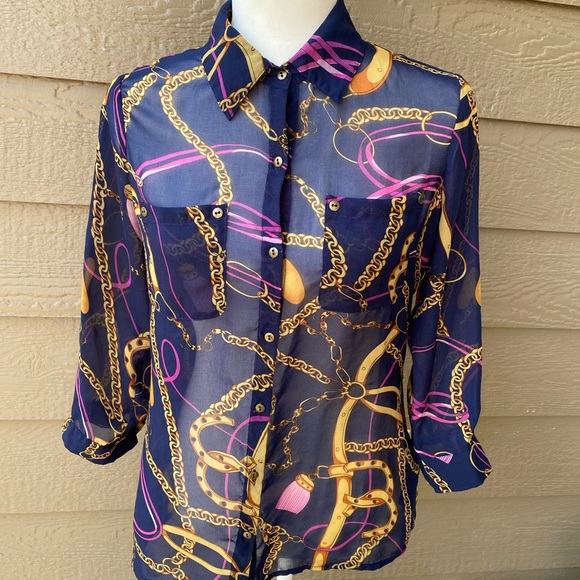 XXI chain print blouse shirt semi-sheer women’s size S - Picture 3 of 11